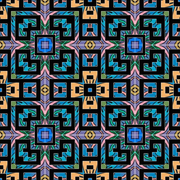 カラフルな部族の民族シームレスなパターン ベクターテクスチャの伝統的な背景 ギリシャ語の鍵だ 抽象幾何学的なグランジ装飾 記号を持つ花のデザイン — ストックベクタ