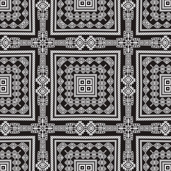部族の民族はシームレスなパターンを確認した 正方形のフレーム ベクトル黒と白の現代的な背景 ギリシャ語の鍵だ 記号を持つ抽象的な幾何学的なメキシコスタイルの装飾 — ストックベクタ