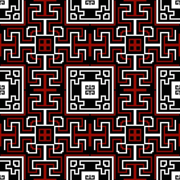 部族の民族シームレスなパターンを紹介します 名前ベクトル黒白赤の四角形の背景 ギリシャ語の鍵だ 概要正方形 線で幾何学的に再生タータンスタイルの装飾 — ストックベクタ