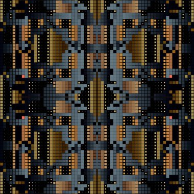 Altın 3d mozaik pürüzsüz desen. Yarım tonlu kareler arka planda. Yarım ton arkaplanı tekrar et. Piksel ızgara geometrik süs. Lüks modern vektör tasarımı. Sonsuz yüzey dokusu. Duvar Kağıdı.