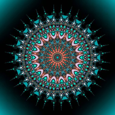 Çiçekli, yuvarlak, mandala desenli. Renkli, ışıltılı bir arka plan. Vektör dekoratif fon. Etnik tarzda arabesk süsleri. Klasik çiçekler, yapraklar, çerçeveler, sınırlar. Dekorasyon tasarımı.