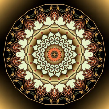 Çiçekli, yuvarlak, mandala desenli. Renkli, ışıltılı bir arka plan. Vektör dekoratif fon. Altın yüzey arabesk süsleri. Rosette. Tabak. Vintage çiçekler, yapraklar, çerçeveler, çizgiler.