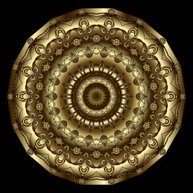 Altın 3D yuvarlak mandala deseni. Süslü desenli arka plan. Vektör dekoratif fon. Altın yüzey çiçek süsü. Tabak. Rosette. Paisley çiçekleri, radyal daireler, şekiller. Lüks dekoratif tasarım