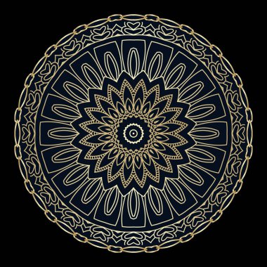 Altın yuvarlak çizgili sanat mandala deseni. Vektör süsleme arka planı. Deco arkaplanını tekrar et. Rosette. Güzel altın çizgiler süsü. Zarif tasarım çiçekler, çerçeve, çizgiler, kıvrımlar ve şekillerle süslenir..