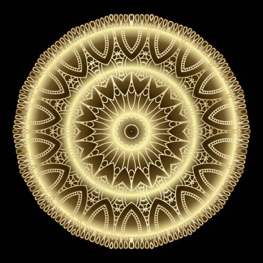 3D yuvarlak çiçekli mandala deseni. Vektör süsleme arka planı. Deco arkaplanını tekrar et. Güzel altın 3D süsler. Rosette. Tabak. Çember çerçeveli etnik stil süslü dantel tasarımı. Yüzey dokusu.
