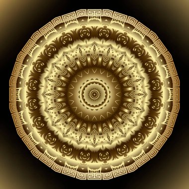 3D yuvarlak çiçekli mandala deseni. Vektör süsleme arka planı. Deco arkaplanını tekrar et. Güzel altın 3D süsler. Rosette. Tabak. Çember çerçeveli Yunan etnik tarzı dekorasyon. Yüzey dokusu.
