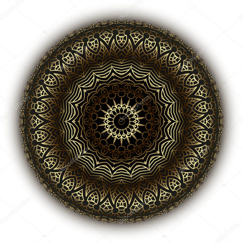 Gold 3d line art mandala pattern. Vector ornamental modern background. Repeat Deco backdrop. Rosette. Beautiful surface round ornament. Rosette. Luxury design with flowers, frame, lines, circles.