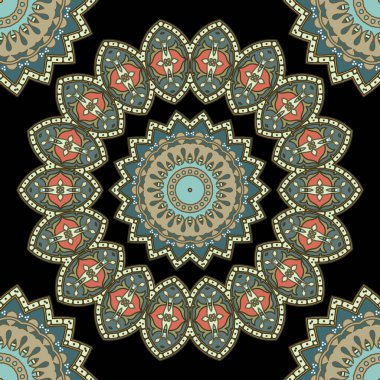 Çiçekli mandalalar pürüzsüz desen. Arabesk süsleme vektör arkaplanı. Etnik tarz arka plan tekrarı. Eski süsler. Renkli çiçekler, yapraklar, çerçeveler, sınırlar, şekiller, çizgiler. Dekoratif tasarım.