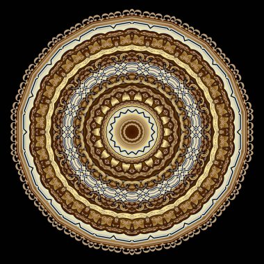 Çiçekli, yuvarlak mandala deseni. Süslü vektör arka planı. Etnik tarz arka plan. Dantel çerçeveli, kenarlı, şekilli, çizgili, çiçekli klasik arabesk süslemeleri. Dekoratif tabak. Rosette..