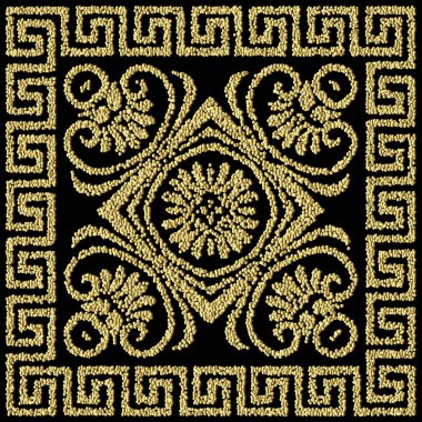 Kare çerçeveli desenli altın desenli. Yunan tarzı süslemeli vektör arka planı. Kabile etnik arka planı. Antik altın renginde çiçekler, sınırlar, çerçeve, noktalar. Noktalı Yunanca anahtar, avare.