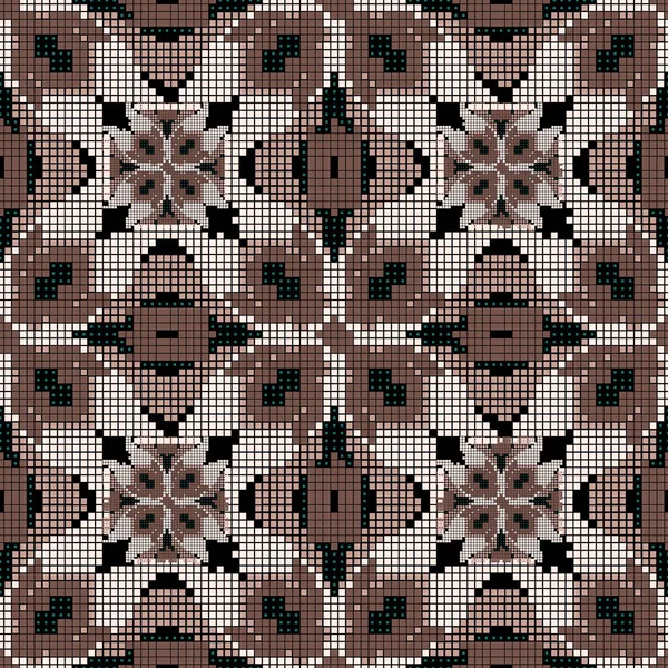 デジタルモザイクシームレスパターン 装飾的な正方形の背景 部族の民族的背景を繰り返します 現代的な質感の花の装飾 抽象幾何学的な華やかなデザイン エンドレス柄の質感 — ストックベクタ