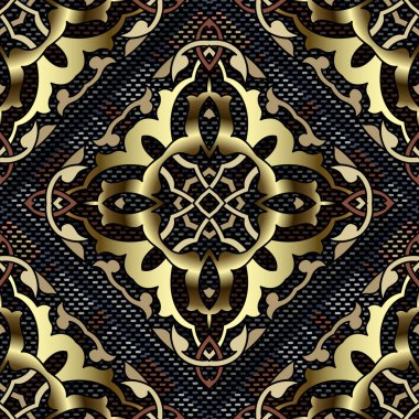 3D altın barok desenli. Dokulu grunge arkaplanı. Lüks tekrar vektör arkaplanı. Barok Damask tarzı süsler. Altın çiçekli, yapraklı, gölgeli klasik yüzey modern tasarımı.