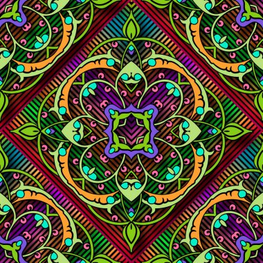 Renkli 3D çiçeksiz desen. Vektör süslemeli arka plan. Parlak arkaplan desenli. Kabile etnik tarzı süsler. Klasik çiçekler, yapraklar, çizgiler. Dekoratif dekoratif tasarım.