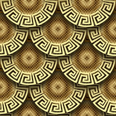 3 boyutlu yuvarlak mandalas pürüzsüz desen. Dekorasyon arkaplanı. Süslü tekrar vektör arkaplanı. Şebeke mozaiğiyle lüks bir yüzey süsü. Soyut modern dijital tasarım. Yunan anahtar çeviricileri.