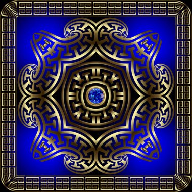 Mücevher, 3 boyutlu, pürüzsüz desen. Yüzeyde kare çerçeveli ve kenarlı etnik stil mandala var. Vektör süsleme arka planı. Lüks Yunan yolları mavi safir değerli taşlarla süslenmiş..