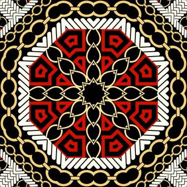 Renkli, pürüzsüz desen. Kabilenin etnik tarzı. Modern vektör arkaplanını tekrarla. Arap süsü. Zincirli, kolyeli, örgülü ipli, şekilli, Yunan anahtarlı soyut dekoratif tasarım..