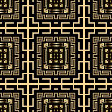 Gold geometric seamless pattern. Tribal ethnic background. Repeat vector backdrop. Plaid tartan ornaments. Abstract decorative ornate design with greek key, meanders, shapes, stripes, squares, frames.