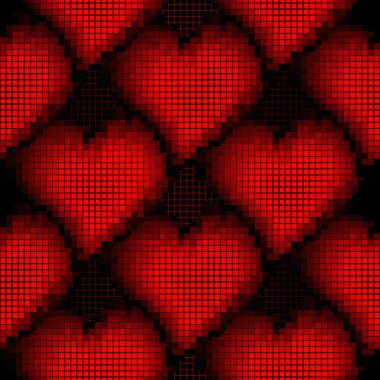 Mozaik aşk kalpleri kusursuz desen. Yarım tonlu vektör arkaplanı. Yarım tonluk dijital arkaplanı tekrar et. Kızıl Aşk modern süslemeleri sever. Kareli, şekilli geometrik tasarım. Dekorasyon tasarımı.