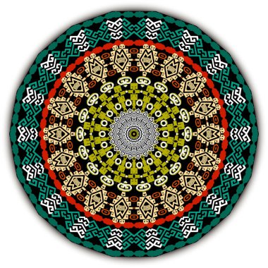 Geleneksel yuvarlak mandala deseni. Vektör süsleme arka planı. Dekoratif fon. Renkli süsler. Yunan kabile tarzı dekoratif tasarım baskılar, kumaşlar, fayanslar, duvar kağıtları için. Rosette, tabak..