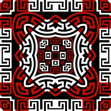Kare Yunan çerçeveleri pürüzsüz desen oluşturuyor. Vektör siyah beyaz Yunan arka planı. Kabile etnik arka planı. Çerçeveler, sınırlar, kareler, çizgiler ile modern dekoratif tasarım. Yunan anahtarı, avare süsü.