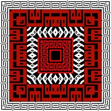 Kare Yunan çerçeveleri pürüzsüz desen oluşturuyor. Vektör siyah beyaz Yunan arka planı. Kabile etnik arka planı. Çerçeveli modern tasarım, sınırlar, kareler, zikzak çizgileri. Yunan anahtarı, avare süsü.