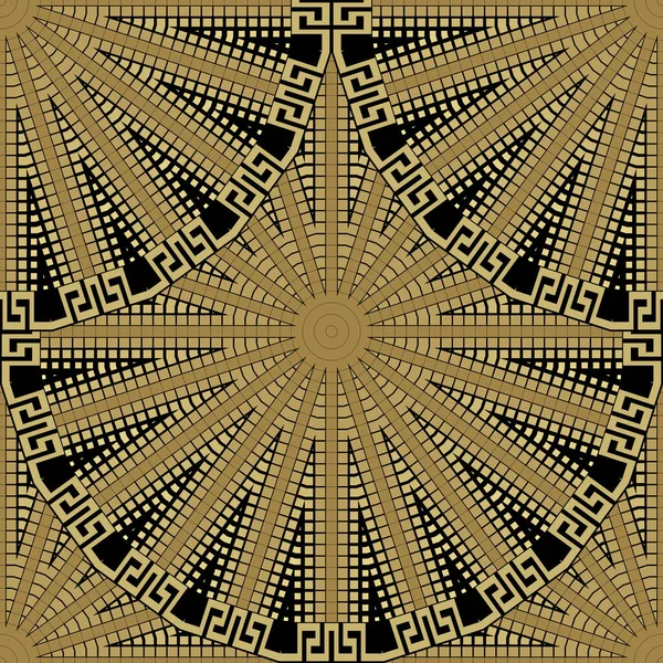 半色调黄金数码曼德勒无缝图案 矢量马赛克背景 希腊风格重复部落背景 具有正方形 希腊键 几何形状 圆形的径向饰物 — 图库矢量图片