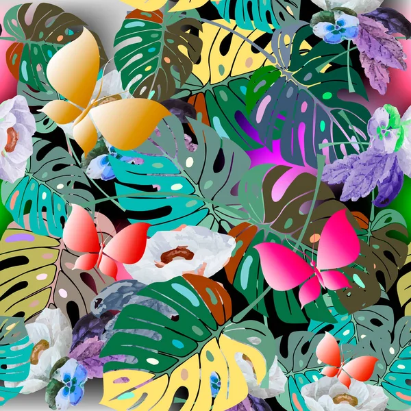 Tropische Palmblätter Und Schmetterlinge Nahtlose Muster Exotische Pflanzen Hintergrund Federn — Stockvektor