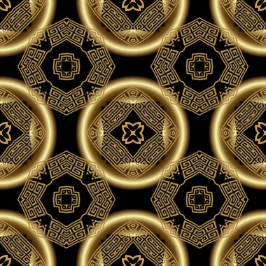 Altın 3D pürüzsüz desen. Lüks, yuvarlak mandalas deseni. Vektör arkaplanı. Yüzey dekorasyonu Deco arkaplanı. Geometrik modern süsler. Dolambaçlı, daireli dekoratif desenli Yunan tarzı tasarım.