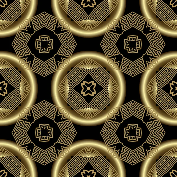 黄金3D无缝图案 华丽的曼德勒风格 矢量背景 表面华丽的装饰背景 几何现代装饰品 带有弯道 圆圈的装饰质感希腊风格设计 — 图库矢量图片