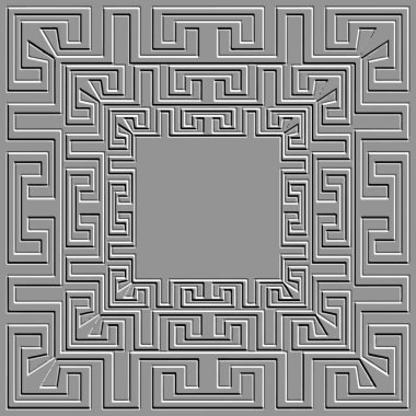 Kabartmalı 3d kare çerçeve deseni. Yunan kabartma arka planı. Geometrik desenli arka plan. Yüzeyde kabartma efektli 3 boyutlu rahatlama süslemeleri. Yunanca anahtar, gezginler, çerçeveler, sınırlar, labirentler, şekiller.