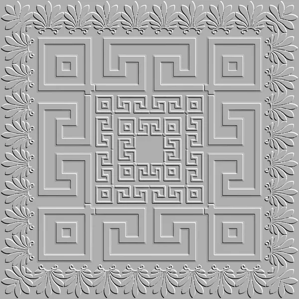 エンボス加工された3D花のフレームパターン 古代の組み込み背景 正方形のフレーム テクスチャ付き3D背景 エンボス効果を持つ表面グランジレリーフ3Dギリシャの装飾 ギリシャの鍵 ヴィンテージの花 — ストックベクタ