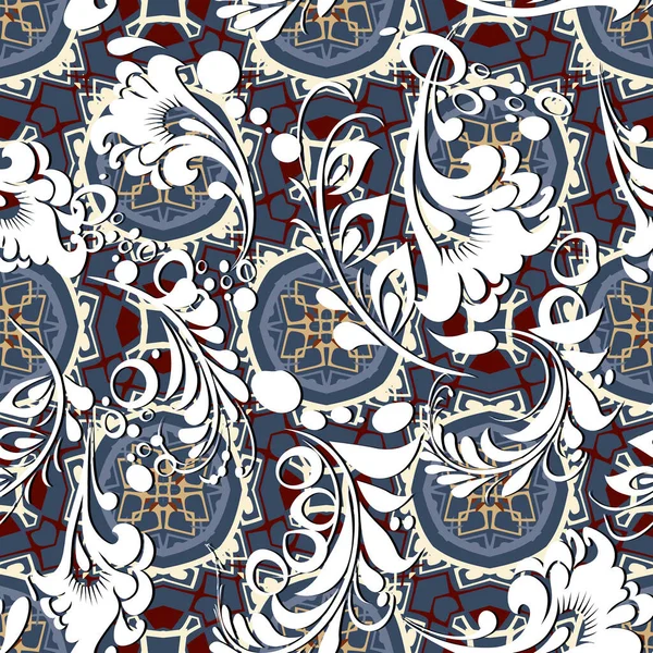 部族の民族のカラフルなシームレスなパターン 美しい装飾の背景 幾何学的な形 葉を持つアラベスクの花の伝統的な装飾 プリント ファブリック テキスタイルのためのオーナーデザイン — ストックベクタ