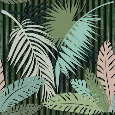 Avuç içi ve eğrelti otları pürüzsüz izler bırakır. Egzotik tropikal bitkiler. Renkli arkaplanı tekrarla. Çiçekli, güzel modern süsler. Grunge desenli çizgili tasarım. Vektör süslemesi.