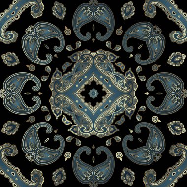 Doğulu etnik stil Paisley pürüzsüz desen. Vektör süslemeli çiçek arkaplanı. Arabesk arkaplanını tekrarla. Dantel desenli desenli çiçeklerle, yapraklarla, şekillerle süslenmiş altın çizgili sanat süsü..
