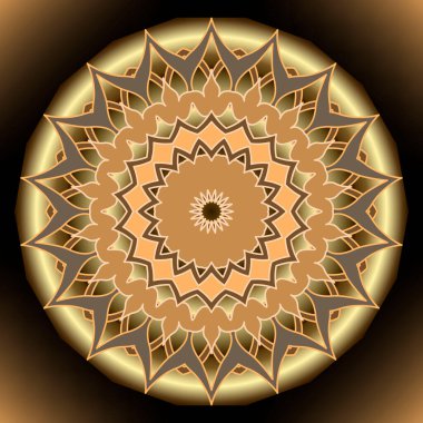 Altın çiçekli yuvarlak 3D mandala deseni. Parlak süslemeli vektör arka planı. Parlak arka plan. Klasik lüks 3D süsler. Çiçekli dekoratif daire tasarımı, zikzak çizgileri, şekiller. Yüzey dokusu.