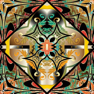 Çiçeksel süslemesiz desen. Kabile etnik tarzı vektör geçmişi. Dekoratif renkli arkaplanı tekrarla. Soyut Paisley çiçekleri, yaprakları, eşkenar dörtgen şekilleri ve çizgilerle Geometrik grunge süslemeleri.