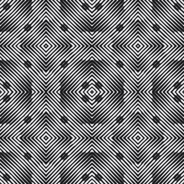 Geometrik çizgili, dikişsiz desen. Süslü vektör çizgileri arka plan. Arkaplanı tekrar et. Çizgili, eşkenar dörtgen, kare, zikzak çizgileri, şekilli soyut Deco süsü. Optik illüzyon etkisi.