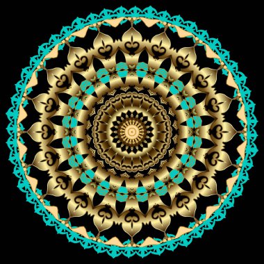 Altın rengi 3d klasik çiçek. Lüks, yuvarlak mandala deseni. Rosette. Tabak. Vektör arkaplanı. Yüzey dekorasyonu Deco arkaplanı. Geometrik modern parlak süs. Dekoratif desenli çiçek renkli tasarım..