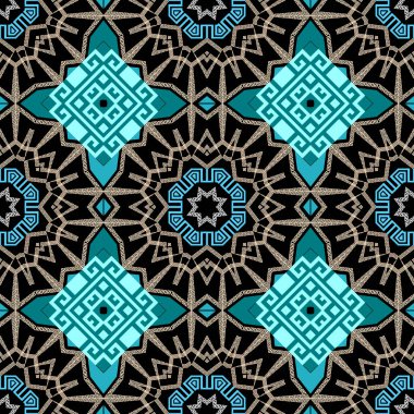 Geometrik renkli, dikişsiz desen. Vektör süsleme, kabile tarzı geçmiş. Yunanca arka planı tekrarla. Yunanca anahtar, dolambaçlı, geometrik şekilli, yıldızlı, zigzag çizgili soyut modern süs