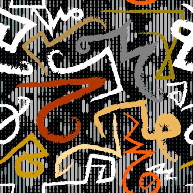 Modern desenli grunge pürüzsüz desen. Sert renkli çizgili arka plan. Kirli arka planı tekrar et. Elle çizilmiş çirkin karalama sembolleri, işaretler, zikzak çizgileri. Soyut kabile tarzı süsler.