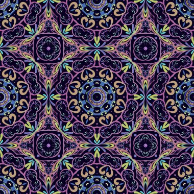 Güzel, renkli, dikişsiz desen. Vektör desenli arabesk arka planı. Klasik çiçekler, girdaplar, yuvarlak mandalalar. Etnik tarz süsler. Dekoratif arka planı tekrarla. Sonsuz doku.