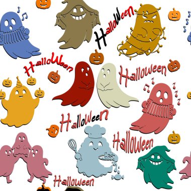 Kusursuz desenli, değişik renkli çizgi film hayaletleri ve Cadılar Bayramı mesajlı balkabakları. Çocukların parti davetiyeleri ya da tatil kumaşları için esprili ve eğlenceli bir geçmiş. Vektör tasarımı.