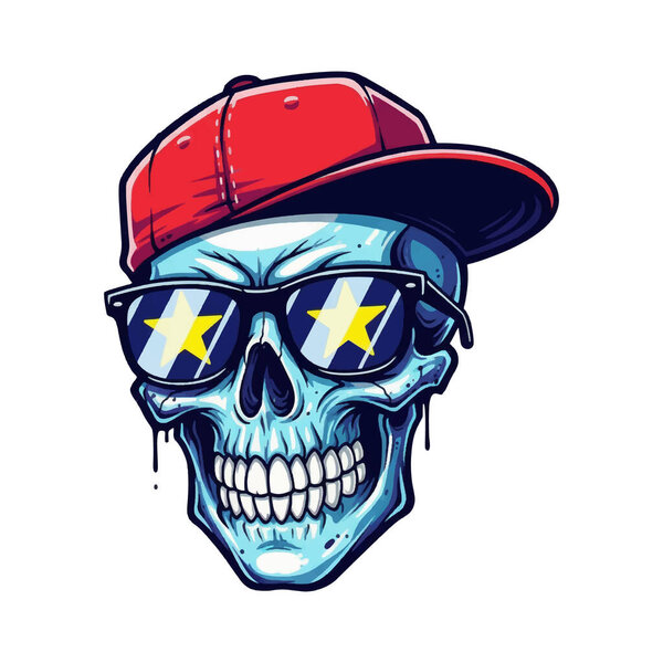 Graffiti style cool blue skull wearing a red baseball cap and sunglasses with star reflections. Grungy, street art and urban style mascot. Ideal for apparel or edgy designs.