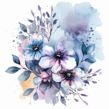 Soyut bir çiçek buketinin romantik suluboya vektör çizimi mavi, lavanta ve menekşe renginde. Narin çiçekler ve yapraklar, yumuşak bir arka plan..