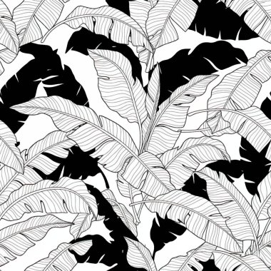 Tek renkli, kusursuz vektör desenli, çizgili, çizgili, tropik muz ve palmiye yapraklı. Yüksek kontrastlı kalın siyah beyaz çizgi sanat tasarımı, modern tekstil ve baskı tasarımı için ideal.