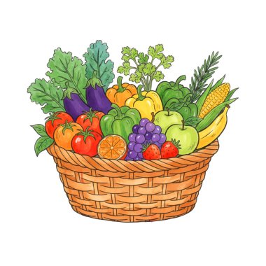 Taze ürünlerle dolu bir hasır sepetin el çizimi vektör çizimi: domates, biber, patlıcan, mısır, üzüm, elma, muz ve çilek. Organik tarım hasat konsepti.