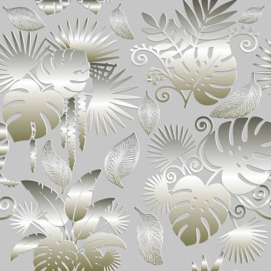 Gümüş 3D kabartmalı tropikal yapraklar vektörsüz desen. Kabartma canavarı ve açık gri arka planda palmiye yaprakları olan modern bir çiçek kağıdı. Kabartma efektli sonsuz üç boyutlu yüzey dokusu.