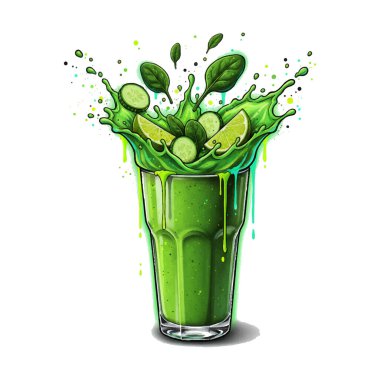 Canlı yeşil, sağlıklı, dinamik bir sıçrama ve damlama etkisi olan vektör çizimi. Ispanak, salatalık ve limon dilimleri camdan fışkırıyor. Enerji, detoks ve sağlıklı gıda konsepti.