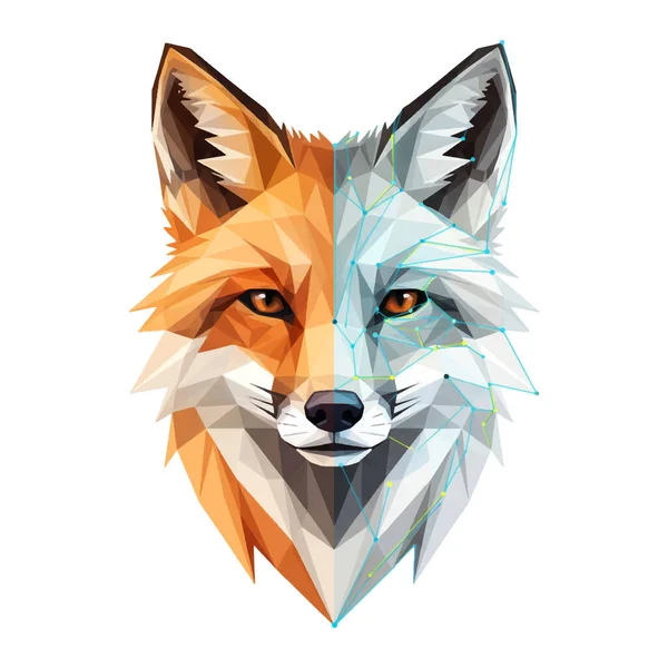 Çokgenler ve tilki kafasının düşük poligonlu çizimi organik turuncu renkler ve serin tonlu dijital geometrik ağ arasında bölünmüş. Yapay zekayı, doğayı ve teknolojiyi temsil eder..
