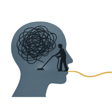 Zihinsel berraklığın ve kendine bakmanın kavramsal temsili. Karışık düşünceleri temizlenmiş bir insan kafası silueti. Stres atma, farkındalık ve akıl sağlığını sembolize ediyor..